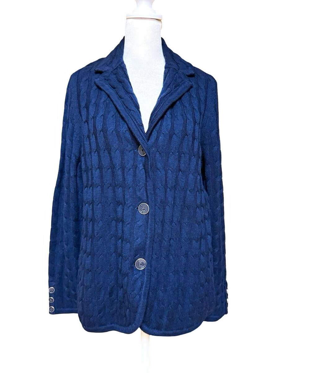 Talbots Women’s XL Navy Blue 100% Merino Wool Cable Knit Sweater Blazer Cardigan